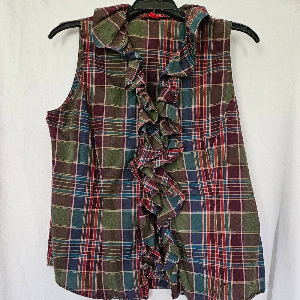 Chaps by Ralph Lauren Ruffle Olive Plaid Button Down Sleeveless Blouse Size 12